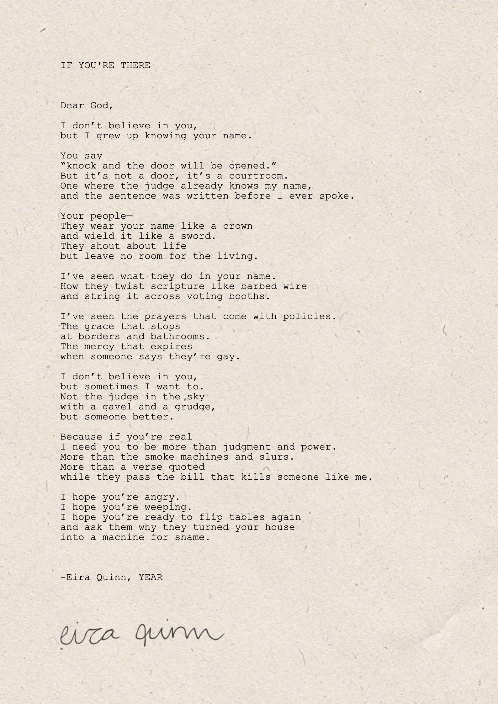 Mockup of "If You're There" hand-typed on A4 handmade paper